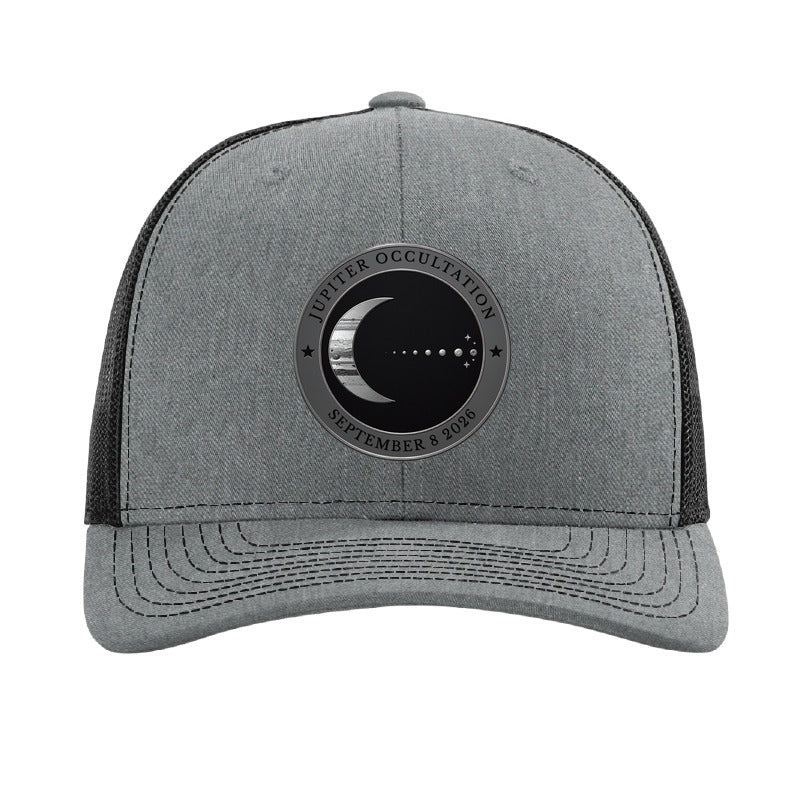 Steel Moon and Jupiter patch trucker hat, September 8 2026 occultation — Heather Grey/Black