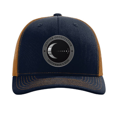 Steel Moon and Jupiter patch trucker hat, September 8 2026 occultation — Navy/Caramel
