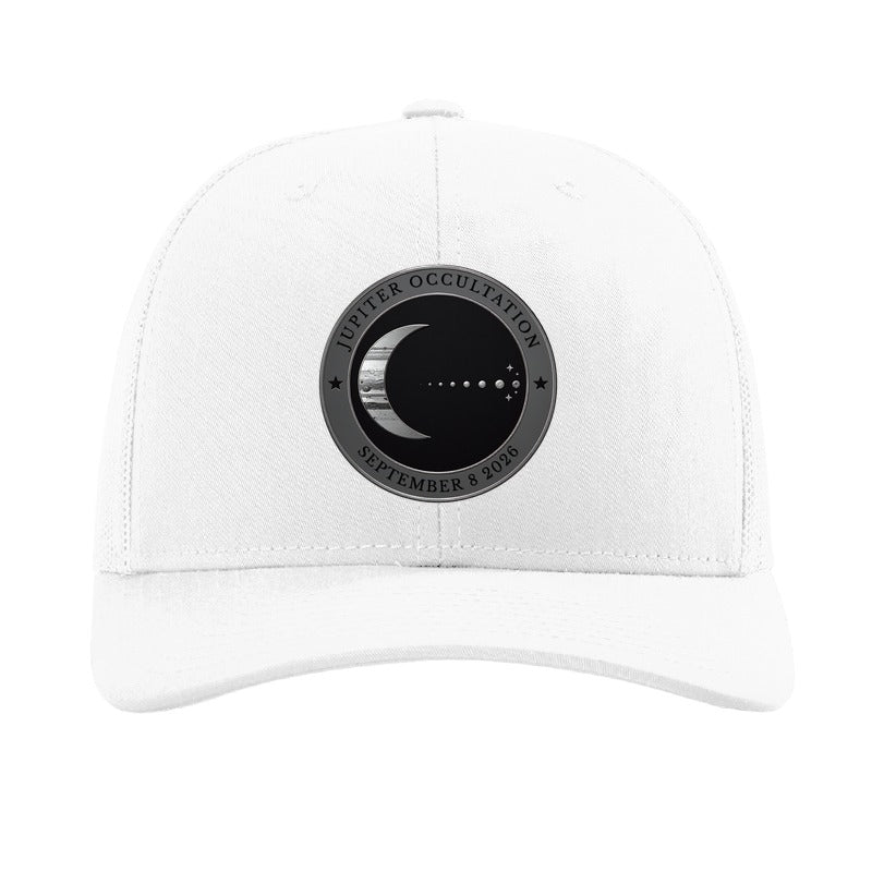 Steel Moon and Jupiter patch trucker hat, September 8 2026 occultation — White