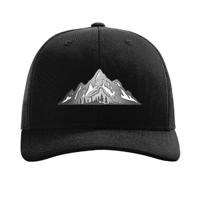 Metal mountain range patch trucker hat, Katahdin Maine — Black