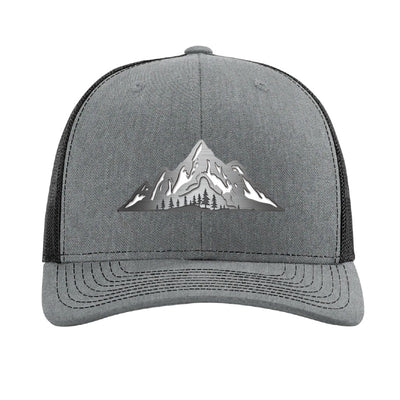 Metal mountain range patch trucker hat, Katahdin Maine — Heather Grey/Black
