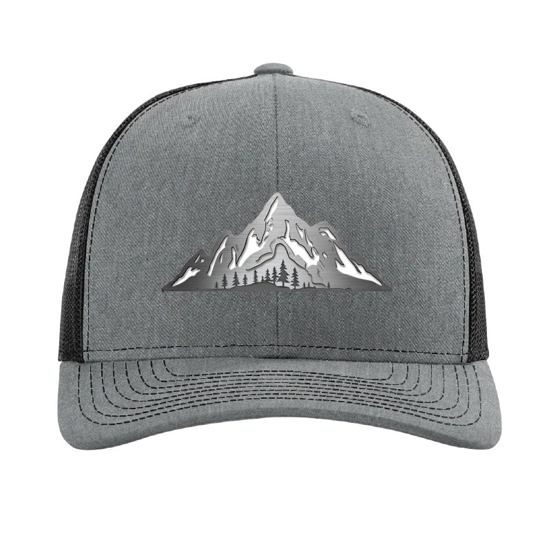 Metal mountain range patch trucker hat, Katahdin Maine — Heather Grey/Black