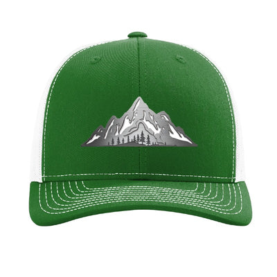 Metal mountain range patch trucker hat, Katahdin Maine — Kelly Green/White