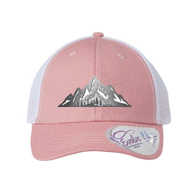 Metal mountain range patch trucker hat, Katahdin Maine — Dusty Rose/White (Ponytail)