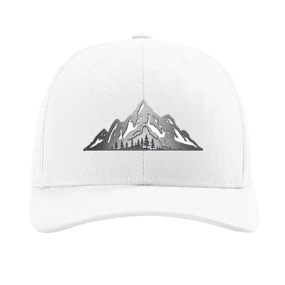 Metal mountain range patch trucker hat, Katahdin Maine — White
