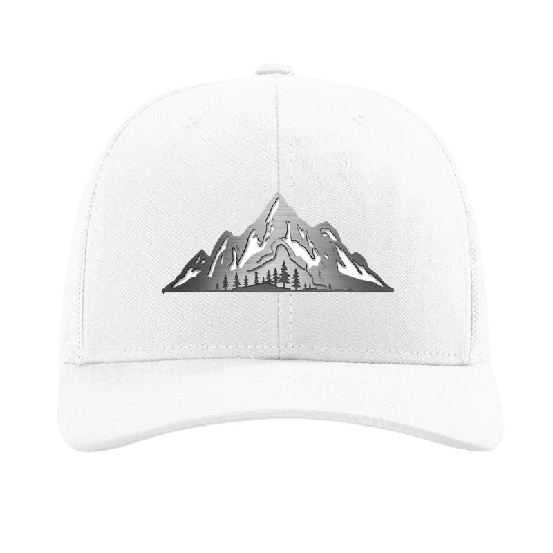 Metal mountain range patch trucker hat, Katahdin Maine — White