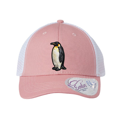 Embroidered penguin patch trucker hat, Kerguelen Islands - Dusty Rose/White Ponytail