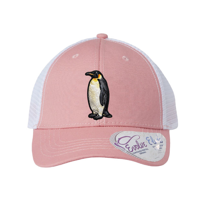Embroidered penguin patch trucker hat, Kerguelen Islands - Dusty Rose/White Ponytail