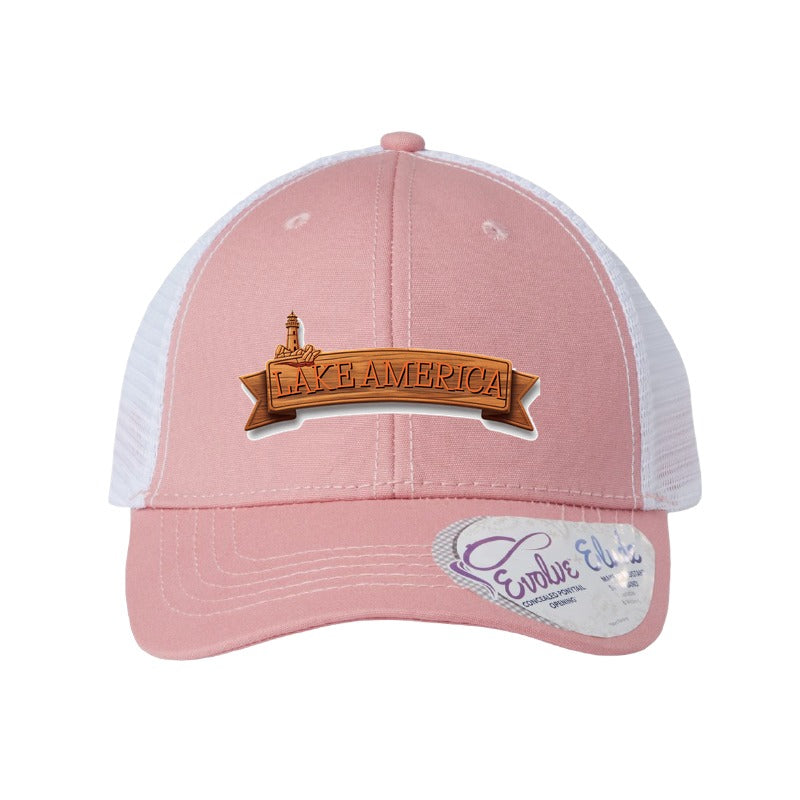 Lake America Banner patch hat — Dusty Rose/White (Ponytail)