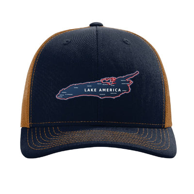 Lake America map patch hat — Navy/Caramel