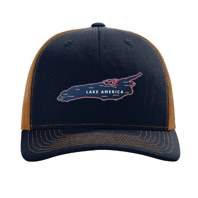 Lake America map patch hat — Navy/Caramel