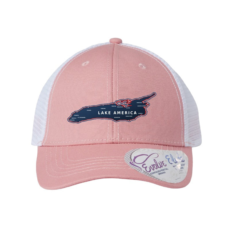 Lake America map patch hat — Dusty Rose/White (Ponytail)