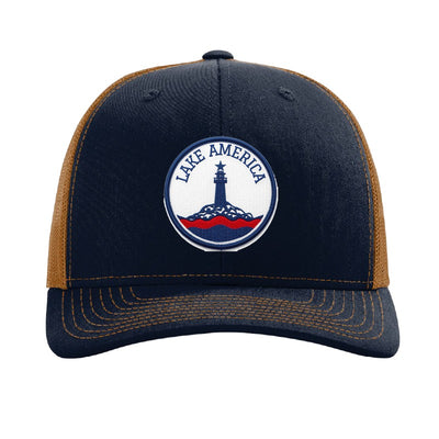 Lake America patch hat — Navy/Caramel