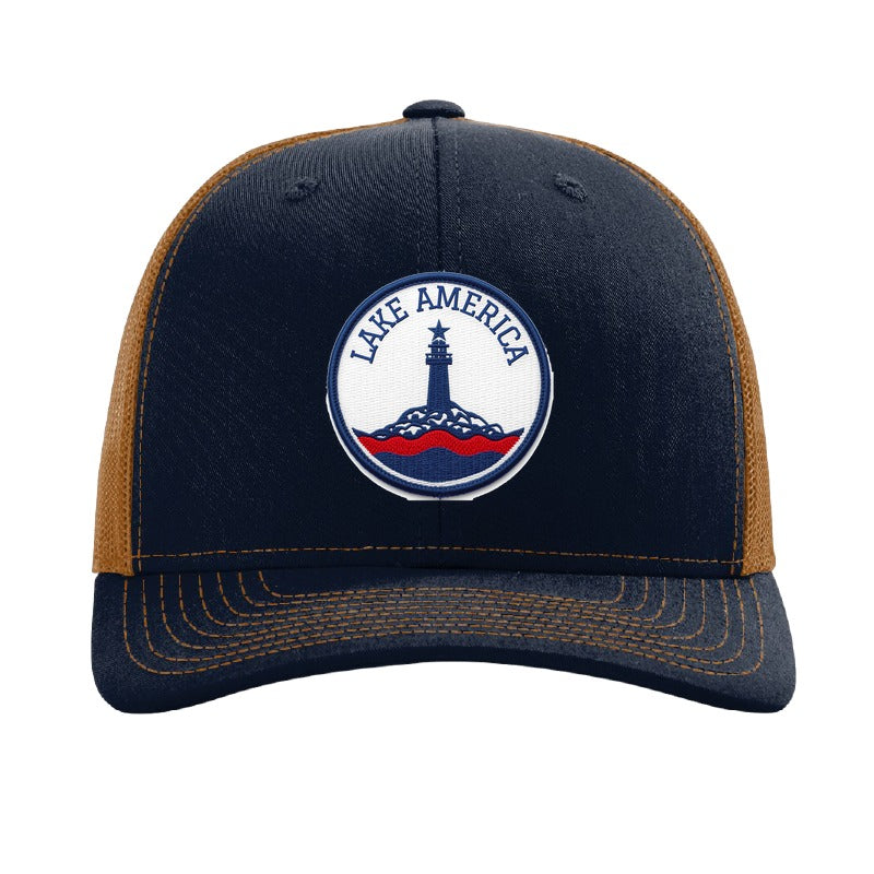 Lake America patch hat — Navy/Caramel