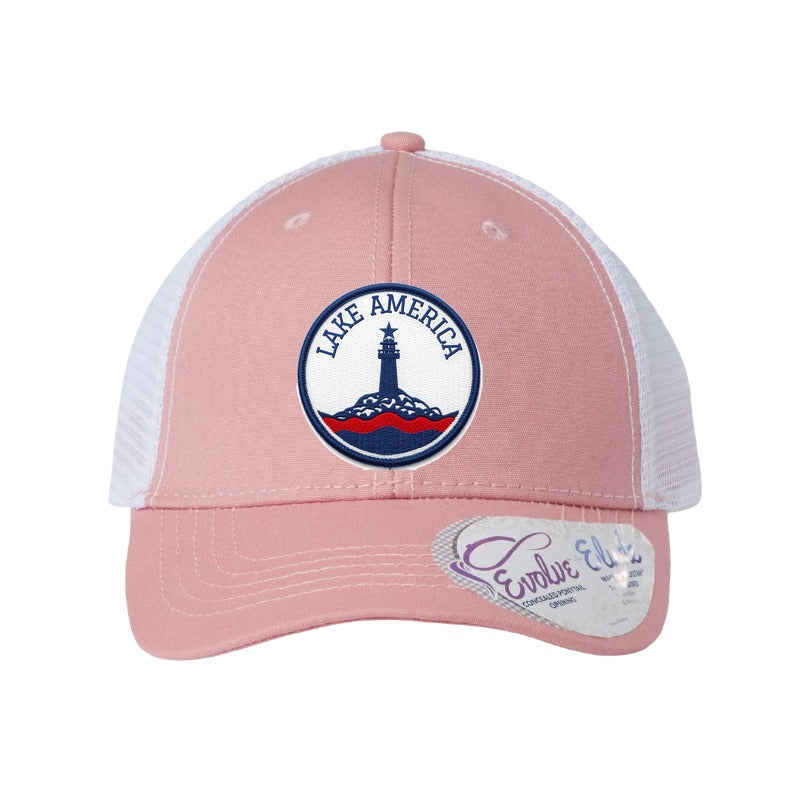 Lake America patch hat — Dusty Rose/White (Ponytail)