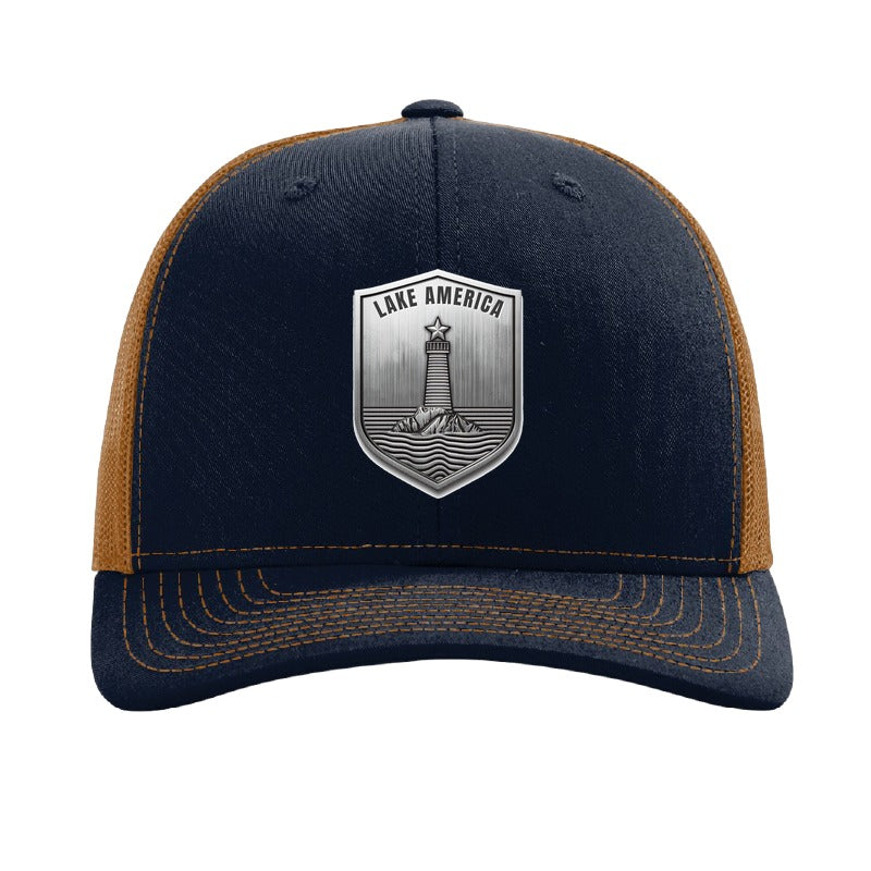 Lake America Shield patch hat — Navy/Caramel