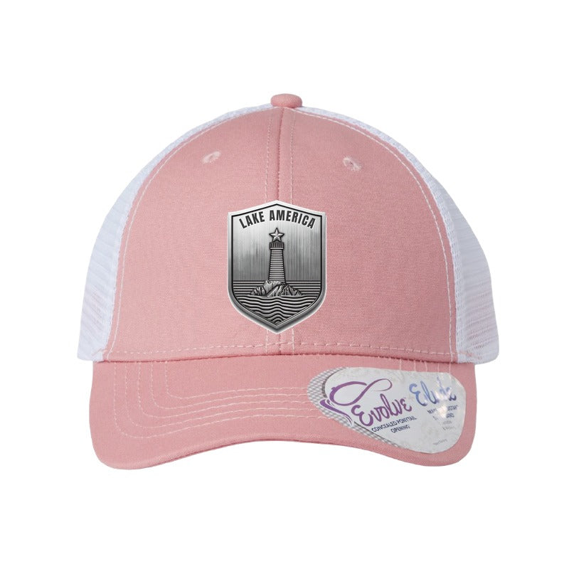 Lake America Shield patch hat — Dusty Rose/White (Ponytail)