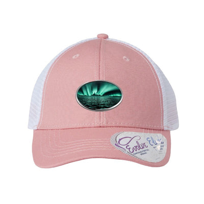 Lake Superior Aurora Trucker Hat — Dusty Rose/White (Ponytail)