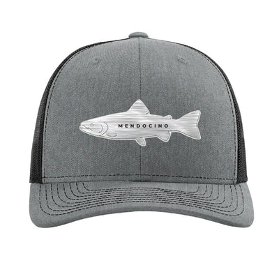 Metal salmon patch trucker hat, Mendocino coho run — Heather Grey/Black
