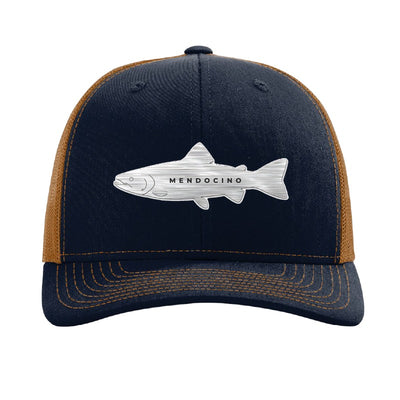 Metal salmon patch trucker hat, Mendocino coho run — Navy/Caramel