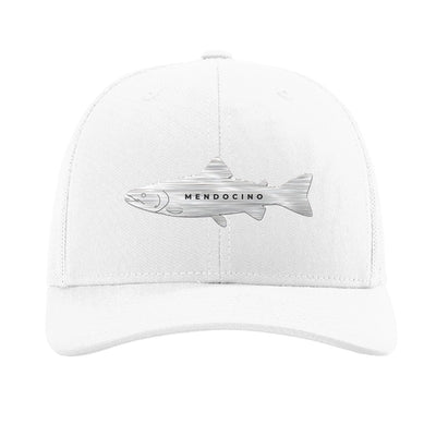 Metal salmon patch trucker hat, Mendocino coho run — White