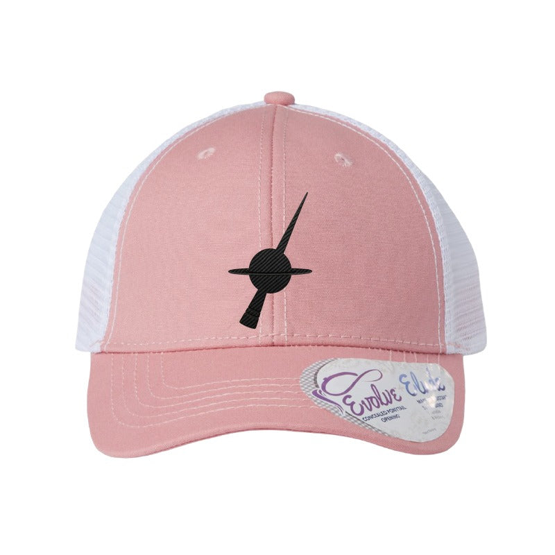 Matte carbon fiber black hole jet patch trucker hat, Milky Way - Dusty Rose/White (Ponytail)