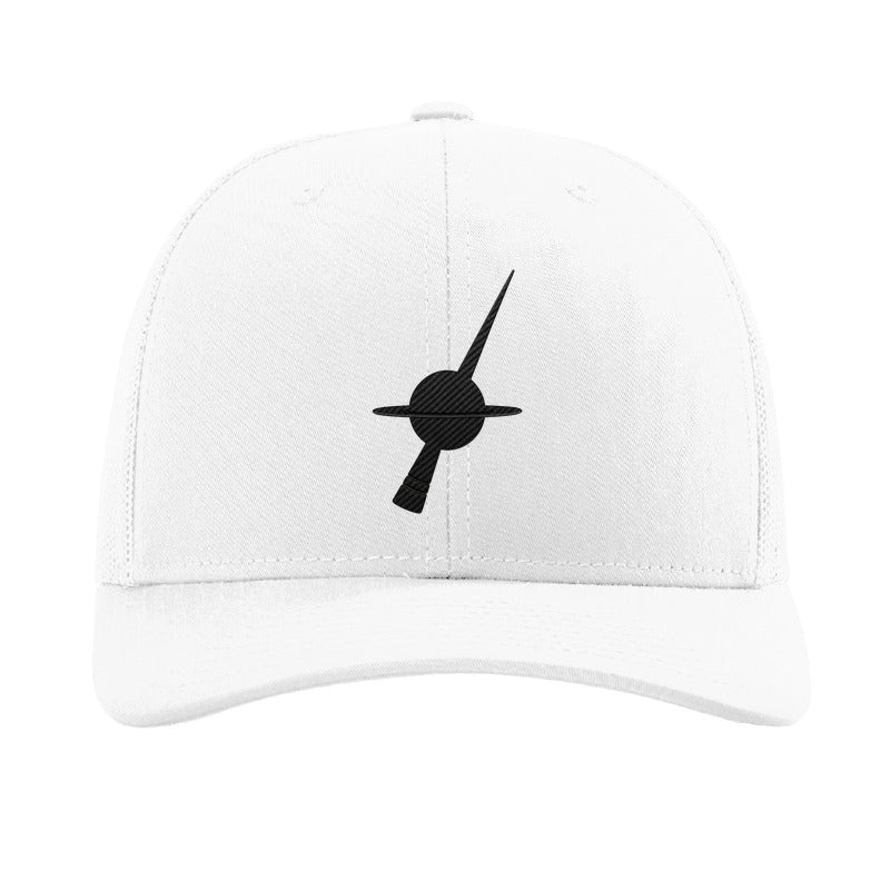 Matte carbon fiber black hole jet patch trucker hat, Milky Way - White