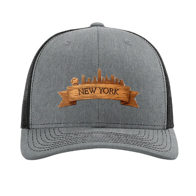 Wood tennis banner patch trucker hat, New York skyline — Heather Grey/Black
