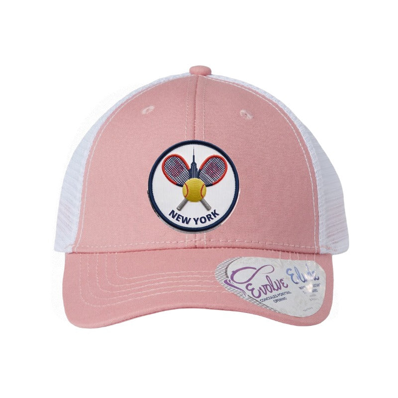 Embroidered tennis crest patch trucker hat, New York skyline — Dusty Rose/White (Ponytail)