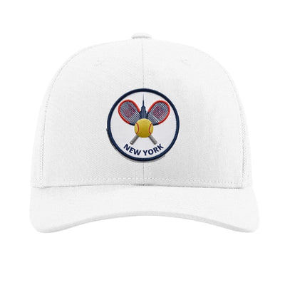 Embroidered tennis crest patch trucker hat, New York skyline — White