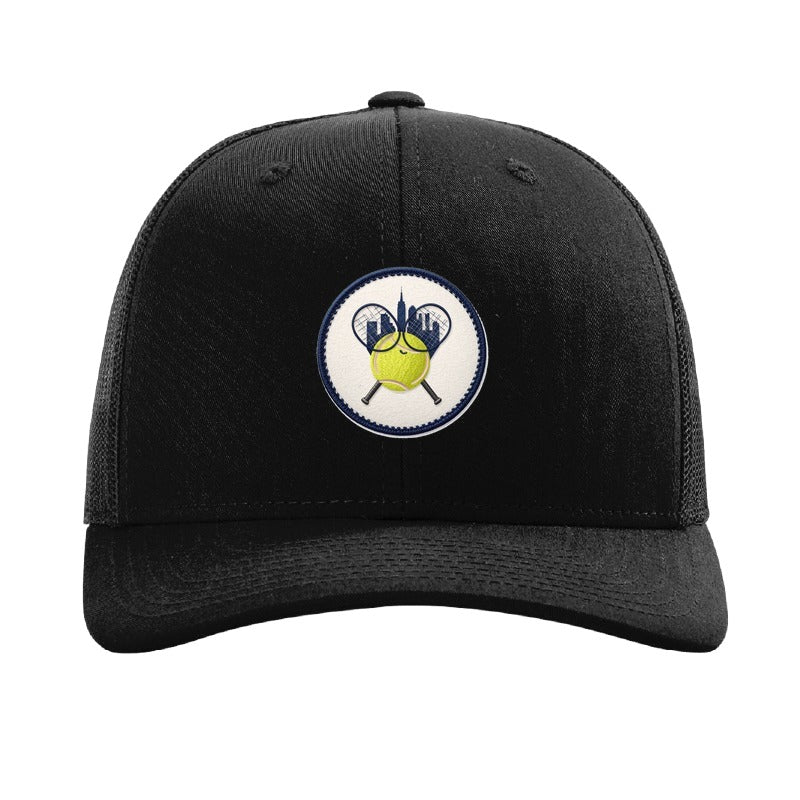 Embroidered tennis racket patch trucker hat, New York City — Black