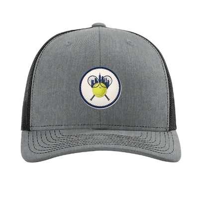 Embroidered tennis racket patch trucker hat, New York City — Heather Grey/Black