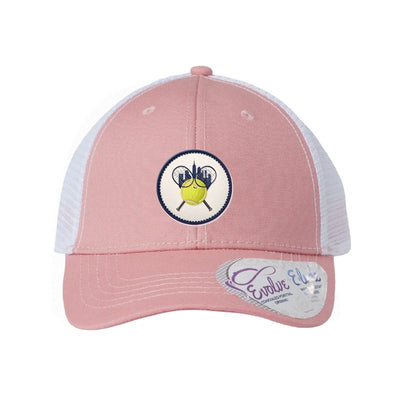 Embroidered tennis racket patch trucker hat, New York City — Dusty Rose/White (Ponytail)