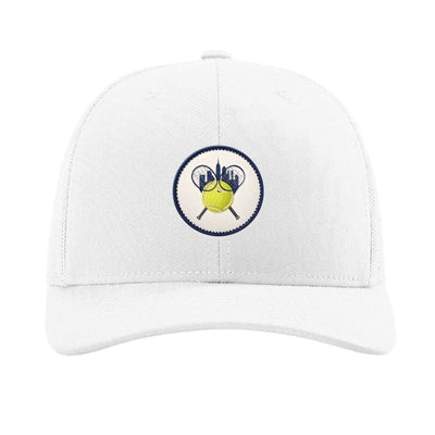 Embroidered tennis racket patch trucker hat, New York City — White