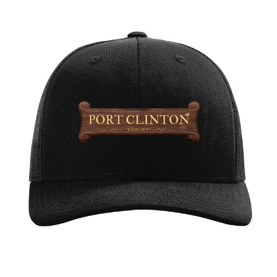 Port Clinton carved banner patch on a Richardson 112 trucker hat, Black