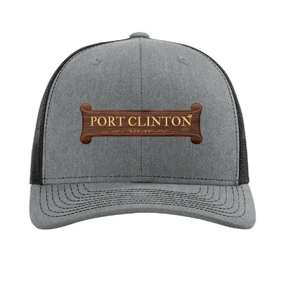 Port Clinton carved banner patch on a Richardson 112 trucker hat, Heather Grey/Black