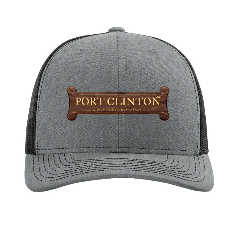 Port Clinton carved banner patch on a Richardson 112 trucker hat, Heather Grey/Black