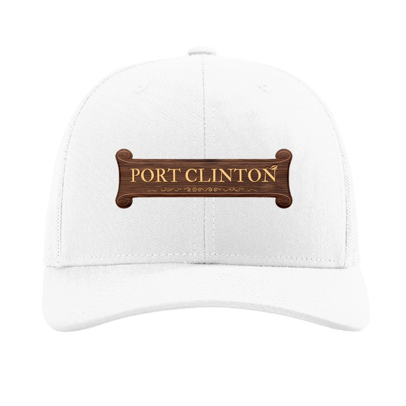 Port Clinton carved banner patch on a Richardson 112 trucker hat, White