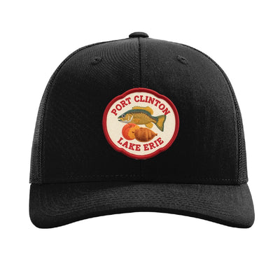Port Clinton Lake Erie patch on a Richardson 112 trucker hat, Black