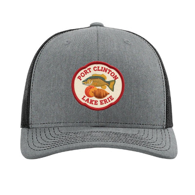 Port Clinton Lake Erie patch on a Richardson 112 trucker hat, Heather Grey/Black