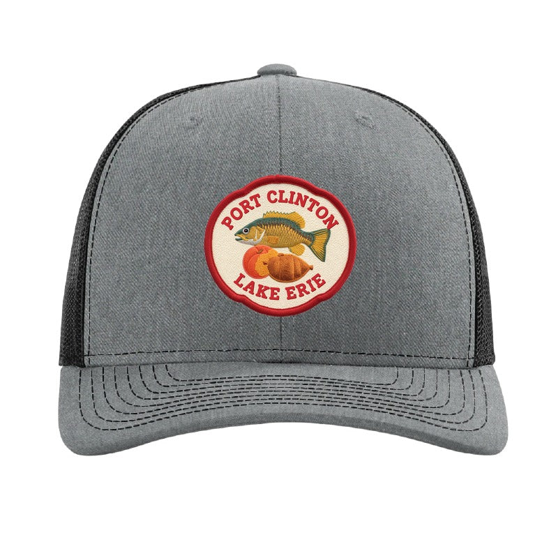 Port Clinton Lake Erie patch on a Richardson 112 trucker hat, Heather Grey/Black