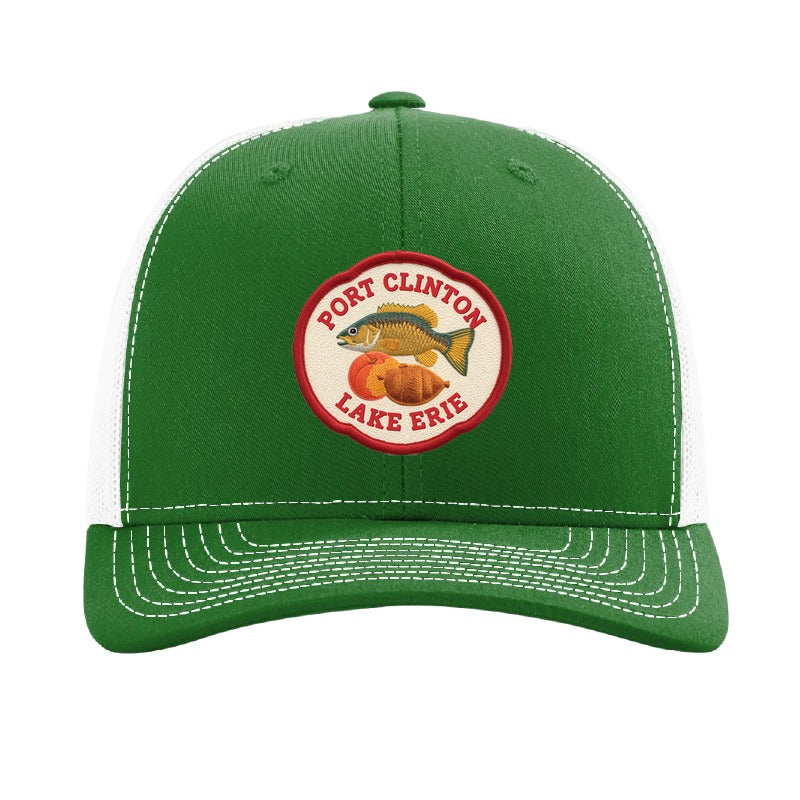 Port Clinton Lake Erie patch on a Richardson 112 trucker hat, Kelly/White