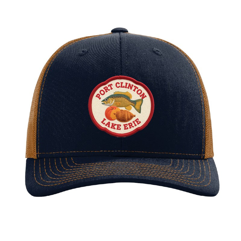 Port Clinton Lake Erie patch on a Richardson 112 trucker hat, Navy/Caramel