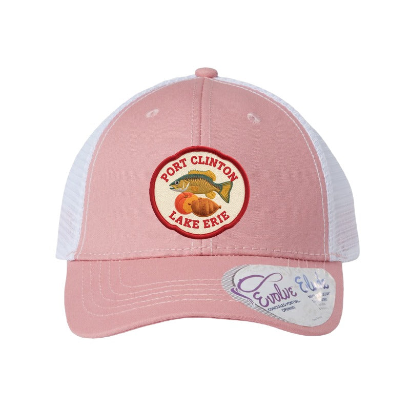 Port Clinton Lake Erie patch on an Infinity Charlie ponytail cap, Dusty Rose/White