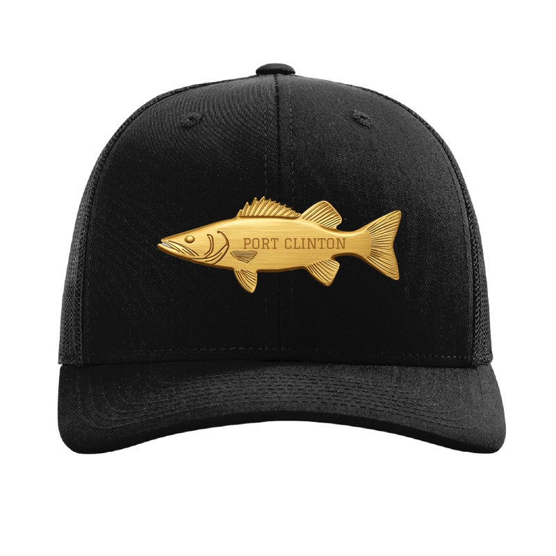 Port Clinton walleye patch on a Richardson 112 trucker hat, Black