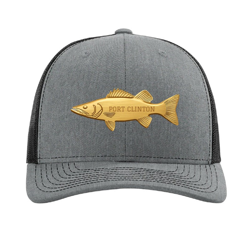 Port Clinton walleye patch on a Richardson 112 trucker hat, Heather Grey/Black