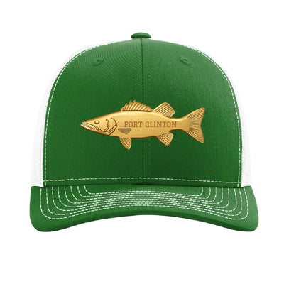 Port Clinton walleye patch on a Richardson 112 trucker hat, Kelly/White
