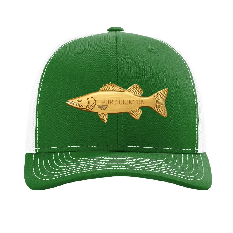 Port Clinton walleye patch on a Richardson 112 trucker hat, Kelly/White