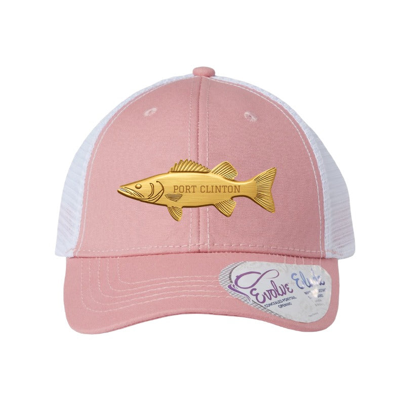 Port Clinton walleye patch on an Infinity Charlie ponytail cap, Dusty Rose/White