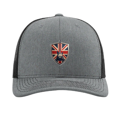 Metal electric guitar shield patch trucker hat, Union Jack — Heather Grey/Black